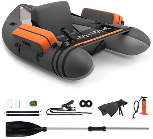 GYMAX Aufblasbares Angelboot, tragbares Belly Boat inkl. Pumpe, Paddel & verstellbaren Schultergurten, Fischerboot mit Fischlineal, Schlauchboot bis 150 kg belastbar (Grau)