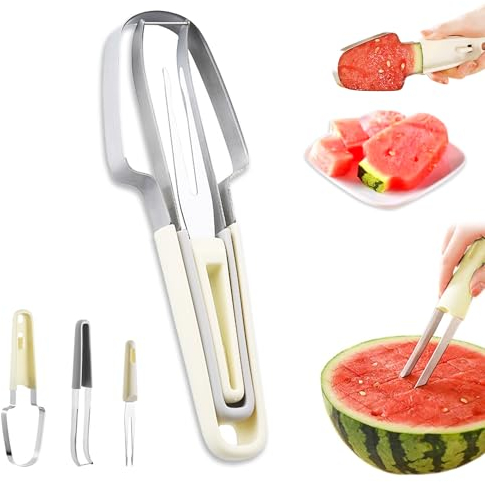 3-in-1 Wassermelonengabel-Schneidewerkzeug, Obstschneider aus Edelstahl, Wassermelonen-Gabelschneider, für Hobel, Partys, Camping, Küche (A)