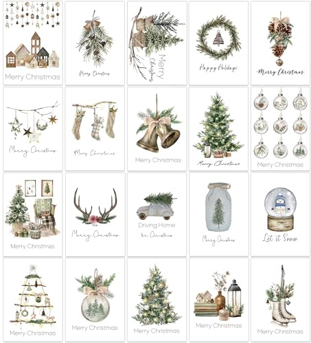 Tarjetas de Navidad en Acuarela en Caja, 20 Piezas Tarjetas Navideñas con 20 Sobres, 20 Diseños Variados, A6 Plegada, Kit de Tarjetas Postales de Navidad para Familiares, Amigos y Colegas (Christmas)