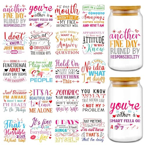 Eiapadeor Funny Rub on Transfer Stickers - 20 Sheets Sarcastic UV DTF Cup Wraps, Colorful Humorous Theme UVDTF Wraps, Waterproof Rub on Decals for Glass Cups Mug Tumbler, DIY Transfer Crafts