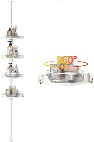 akinbas 360° Rotating Shower Caddy Tension Pole with 4-Tier Rustproof Lazy Susan 35-128 Inch No Drilling Coner Shelves Adjustable Shower Rack for Bathroom Bathtub Washbasin Plant Storage (White)