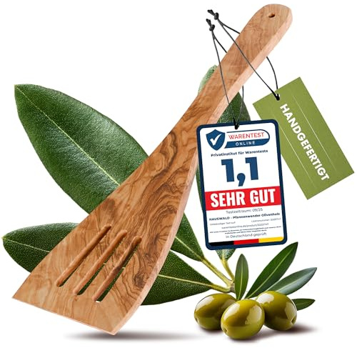 HAUSWALD® Pfannenwender Olivenholz [Extra breit mit Schlitzen] – Plastikfreie, antibakterielle und hitzebeständige Pfannenwender Holz
