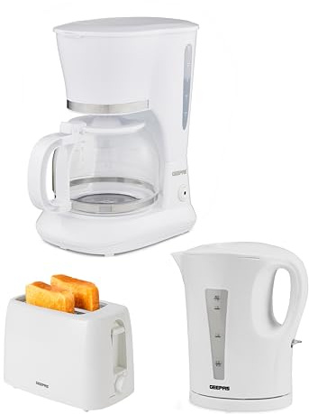 GEEPAS 1.5L Filter Coffee Machine, 1.7L Electric Kettle & 2 Slice Toaster Combo Set | 800W Coffee Maker for Instant Coffee Espresso | 2200W Cordless Jug Kettle Auto Shut Off | 650W Toaster, White