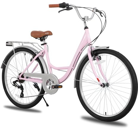HILAND Cykel Cruiser för kvinnor med bagagehållare och korg, 26 tum, 7 hastigheter, låg stålram, V-bromsar, integrerade stänkskärmar, perfekt för promenader och stad