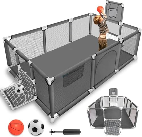 Baby Playpen for Baby and Toddlers, 182×122cm Durable Play Pen with Visible Breathable Mesh, Baskeball &Football Hoop, Non-Slip Base, Easy to Assemble Infant Fence Foldable