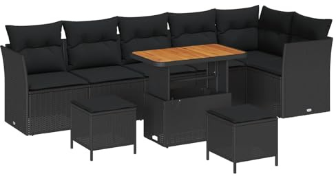 Mhdvray Juego de 9 sofás de jardín de polirratán, madera de acacia, moderno y modular, con banco de esquina, taburete, mesa de jardín, ahorra espacio, para balcón, terraza y pequeños grupos de