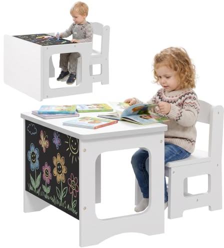 AIYAPLAY Mesa Infantil con Silla, Tablero Reversible, 3-6 Años, Blanco | Mesa y Silla Infantil con Pizarra para Dibujo, para Niños y Niñas, para Estudio, Guardería, Aulas