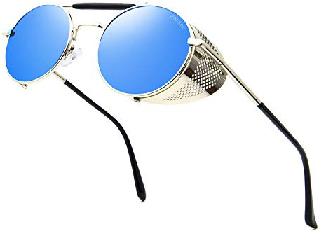 RONSOU Steampunk Style Ronde Vintage Lunettes de Soleil Rétro Lunettes UV400 Protection Métal Cadre cadre argenté/lentille bleue