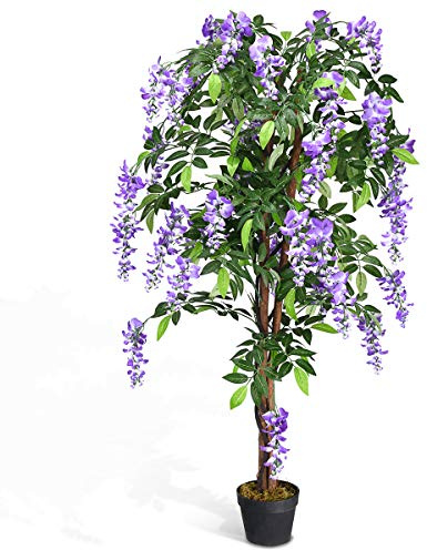 GOPLUS Plante Artificielle en Pot Hauteur 150CM, Art Faux Bonsaï Décoration en Plastique, Simulation Décorations Paysager à Intérieur ou Extérieur (Arbre à Fleurs)