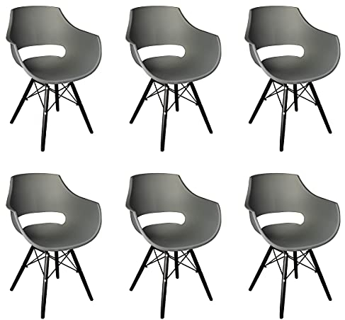 SAM 6er Set Schalenstuhl Lea, Grau, ergonomisch geformte Sitzschale aus Kunststoff, bequemer Esszimmerstuhl im Retro-Design, schwarzes Holzgestell