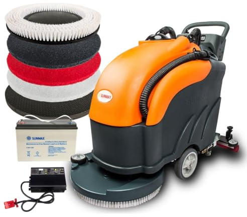 SUNMAX 22 Walk-Behind Commercial Floor Scrubber Machine, Cordless Battery Powered, 13.2/14.5-Gal Dual Tanks, Up to 5 Hours Runtime, 31 Squeegee, Hard Floor Cleaner for Tile, Concrete, Epoxy & VCT