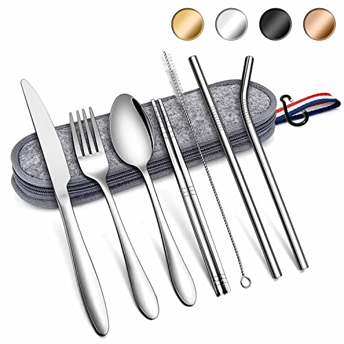 Herogo Travel Cutlery Set, 8 Pcs Portable Utensils Set with Pouch Case, Reusable Stainless Steel Knife Fork Spoon Chopsticks Straws for Camping Picnic Lunch, Mirror Finish & Dishwasher Safe (Silver)