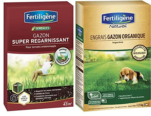 Fertiligene Gazon Super Regarnissant, 43m² & NATUREN Engrais Gazon Organique 100m² 2,5kg