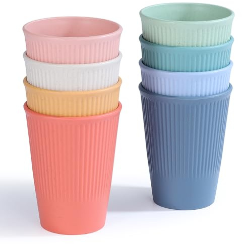becutlery Wheat Straw Cups, Unbreakable Drinking Cup Dishwasher Safe Water Glasses with 8 Colors for Drinking Water, Juice,Milk, Soda, Coffee,Easy to Clean & Reusable (8 Pcs)