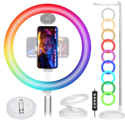 TARION Anillo de Luz RGB para Selfie con Soporte Plegable - 11.8 Pulgadas, 17 Modos de Iluminación, Escritorio con Soporte para Teléfono y Zapata Fría de 52-169 cm