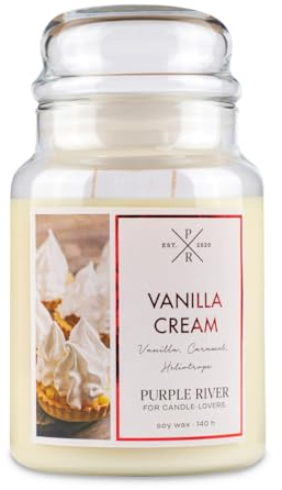 Purple River Große Duftkerze im Glas mit Deckel | Vanilla Cream | Duftkerze Vanille | Kerzen lange Brenndauer (140h) | Duftkerze Sojawachs | Kerzen Weiß (623g)