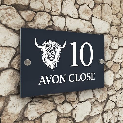 Badgemaster Modern Anthracite Grey House Number Sign Plaque Stainless Steel Standoffs 20cm x 13cm Highland Cow