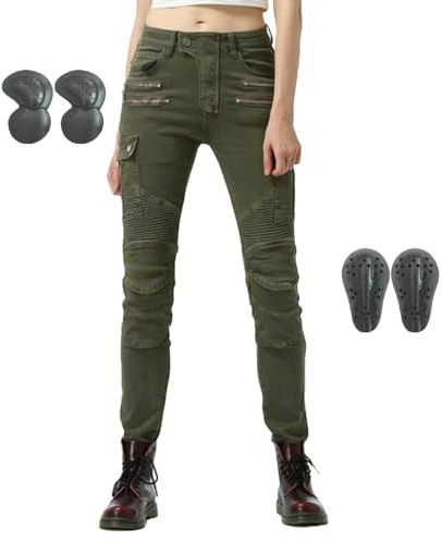 RCLONGEU Pantalon de Moto en Denim pour Femme, Jean Droit Antichute avec 4 Types D'équipement de Protection, Pantalon de Moto de Course de Moto (Vert,L)
