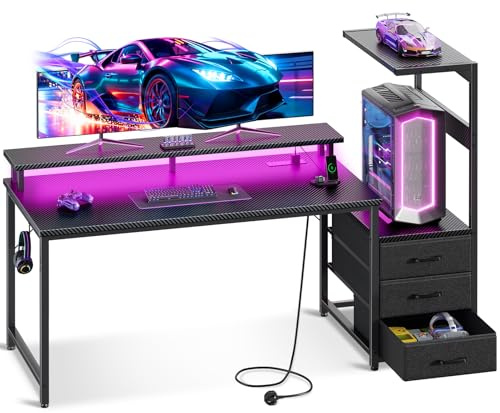 Coleshome 150×50 cm Gaming Desk with LED Lights & Power Outlet, Reversible Computer Desk with Drawers, Gaming Table with Storage & Monitor Stand, Carbon Fiber Black