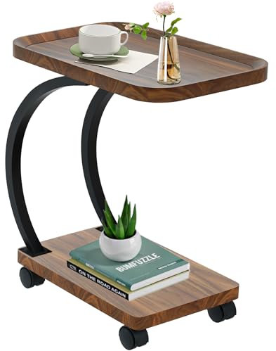 MOHQZA Beistelltisch C Form | Beistelltisch Couch mit Rollen | Kleiner Couchtisch Holz haben Nussbaum Finish | Einfach Montierbar Industrie-Design | beistelltische fürs Wohnzimmer Schlafzimmer