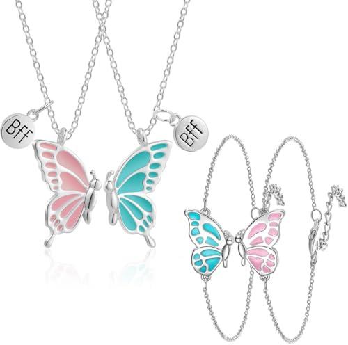 Set di collane dell'amicizia, collana BFF, 2 collane a farfalla e 2 braccialetti a farfalla, collana dell'amicizia, regali di compleanno per ragazze, regali a catena con ciondoli