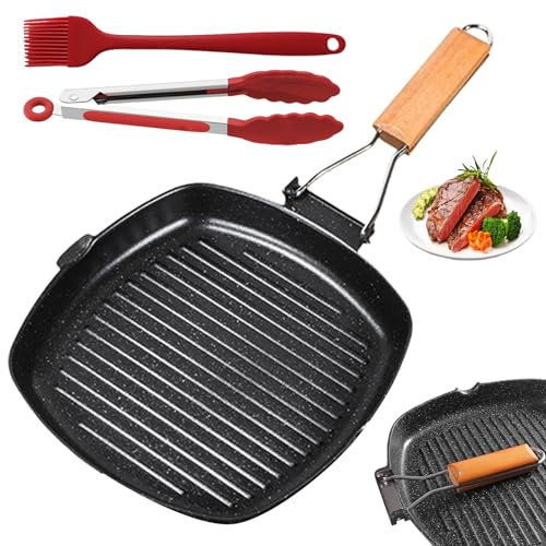 PRITOK Grillpfann Induktion Gewellt Gusseisenpfanne: Grillpfanne Induktion mit Klappbarer Holzgriff, Gusseisenpfanne Eckig Antihaftbeschichtung, Steak Pfanne für Alle Herdarten, 24 x 24 cm