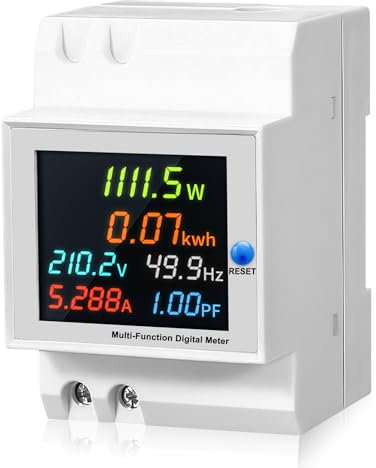 Compteur électrique rail DIN - Compteur d'énergie numérique LCD 6 en 1 - Multifonctions - CA 40-300 V - 100 A - Compteur de courant alternatif - Wattmètre KWh - Compteur ampèremètre - Voltmètre DIN -
