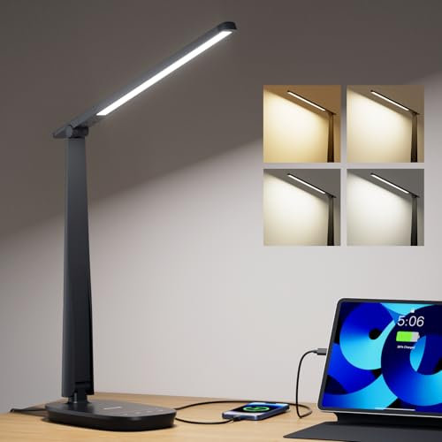 Honeywell Schreibtischlampe für Home Office, Dimmbare LED-Schreibtischlampe mit USB A+C Dual Charging, 4 Modi Helligkeit Touch-Lampe mit Timer, Eye Caring Foldable Leselicht, Tischlampe für Studie
