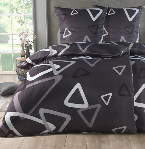 Kuscheli® Bettwäsche 135x200 4 teilig, Mikrofaser Bettwäsche Set, Bettbezug 135 x 200 & Kissenbezügen 80x80, ÖkoTex Zertifiziert, Design Dreieck Anthrazite