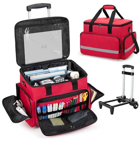 CURMIO Rolling Teacher Work Tote Bag on Wheels with Padded Sleeve for up to 14” Laptop, Multifunctional Wheeled Briefcase for Teaching, Office, Craft (Bag Only), Red