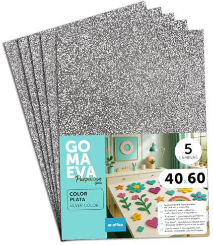 m-office Fogli di Gomma Eva Colorata Glitterata, Gomma Crepla per Scrapbooking, Scuola, Cartoncini Creativi, Lavoretti, Torte Scenografiche, Scuola o Progetti Artistici 40x60cm (Argento, 5uds)