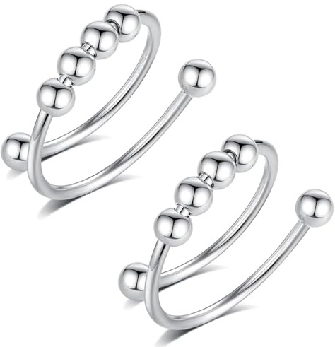 QZKJQDD Ångestring, silver, anti-stress, skuggångestring, rostfritt stål ångest, stressring, ringar, för panikattacker tumring, fingerstämningsring, kvinnor (2 stycken), Rostfritt stål, Ingen