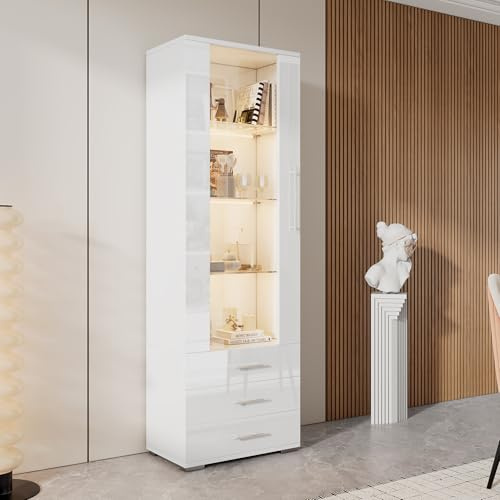 Rosebibi Vetrina in vetro bianco lucido, vetrina con illuminazione a LED, vetrina verticale con 3 cassetti, 60 x 35 x 180 cm