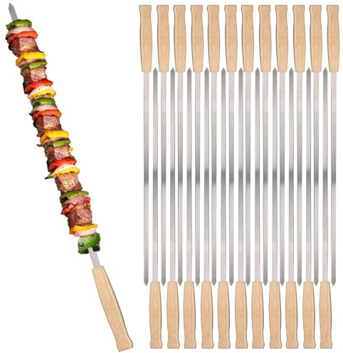 17-Inch 24 Pack Long Flat BBQ Skewers, HONSHEN 3/8 Inch Stainless Steel Wide Blade with hardwood Handle barbecue skewers for Grilling Meat,Chicken,Shrimp,Vegetables (17Inch Flat BBQ Skewers 24p)
