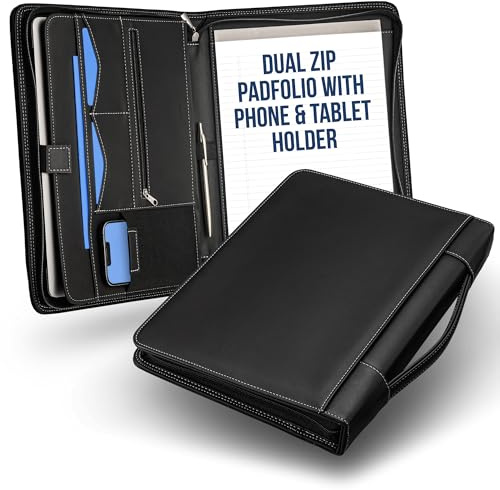 STYLIO Black Zipper Padfolio Portfolio Binder w/Carrying Handle | Organizer for Documents, iPad, Tablet, Notebook | Business Leather Binder for Men Women (No 3-Ring Binder)