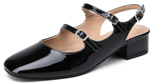 NEWBELLA Women's Mary Jane Pumps, Retro Chunky Low Block Heel, Double Adjustable Ankle Buckle Straps, Vintage Dress Pumps (Black, Adult, Women, 6, Numeric, US Footwear Size System, Medium)
