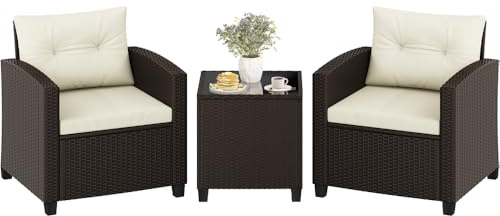Yaheetech Set Mobili da Giardino 3 Pezzi in Rattan PE 2 Poltrone con Cuscini e Tavolino da Caffè Salotto Esterno per Balcone Terrazza Patio, Marrone e Beige