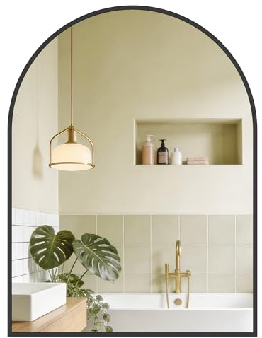 SONGMICS Espejo de Baño, Espejo de Pared, Arqueado, Marco de Aluminio, 81 x 61 cm, Lámina de Seguridad, Montaje Fácil, para Salón, Dormitorio, Negro Tinta LWM015BD01