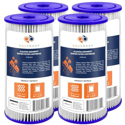 Aquaboon 5 Micron Pleated Sediment Water Filter 10 x 4.5 Cartridge - Whole House Water Filter Replacement - Whole House Water Filters Cartridges Compatible with Well Filters FXHSC, R50-BBSA, 4-Pack