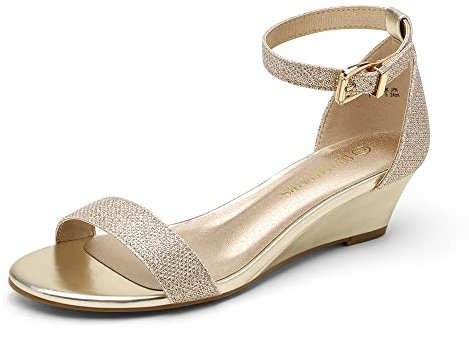 DREAM PAIRS Women's Ingrid Ankle Strap Low Wedge Sandals,Size 6,Gold/Plaid,Ingrid