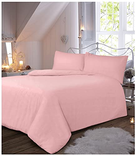 Luxury Flannel Plain Duvet Cover with Pillow Case, 100% Brushed Cotton Easy Care Quilt Set, Premium Soft & Cosy Bed Linen, Pink, Single Size Bedding