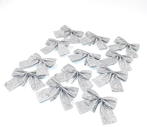 Happium 12 Pack 6cm Glitter Silver Velvet Bows Christmas Tree Decoration, Small Silver Glitter Bows for Christmas Decorative Bows Christmas Tree Bow Christmas Bows