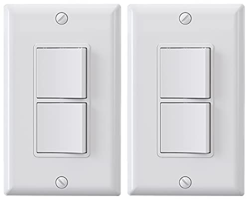 ELEGRP Decorator Double Rocker Light Switch, Two Single Pole Electrical Paddle, 15A 120V, In-Wall On/Off, Self-Grounding, Wall Plate Included, UL Listed (2 Pack, Glossy White)