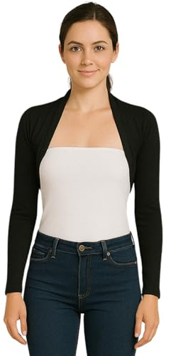 STAR FASHION Womens Long Sleeve Shrug Bolero Cardigan Ladies Cropped Open Front Lightweight Summer Cover Up Top Mini Blouse Jacket Black 20-22