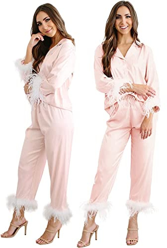 Y WJing Yi Jia Feather Pyjamas For Women Silk Satin Pyjama Set Long Womens 2pc Pj Sets Bridesmaid Bride Pj Set Bridal Button Down Sleepwear Wedding Pajamas Loungewear