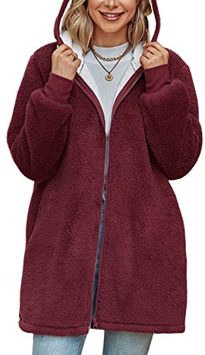 Xnova Damen Teddy-Fleece Kapuzenpullover Mantel mit Reißverschluss, Oversized Hoodie Kapuzenjacke Lang Flauschige Zip Sweatjacke Warme Slouchy Winter Kapuzenpulli mit Taschen (Rotwein, M)