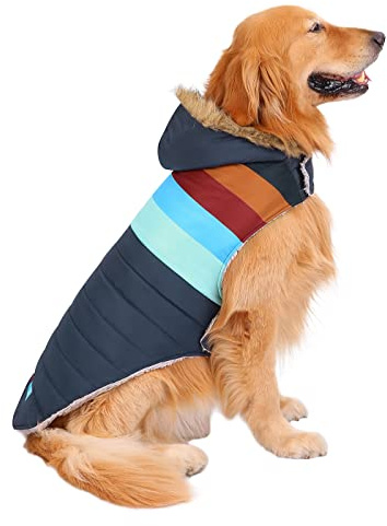 HDE Dog Puffer Jacket Fleece Lined Warm Dog Parka Winter Coat with Harness Hole Navy Retro Stripe - L
