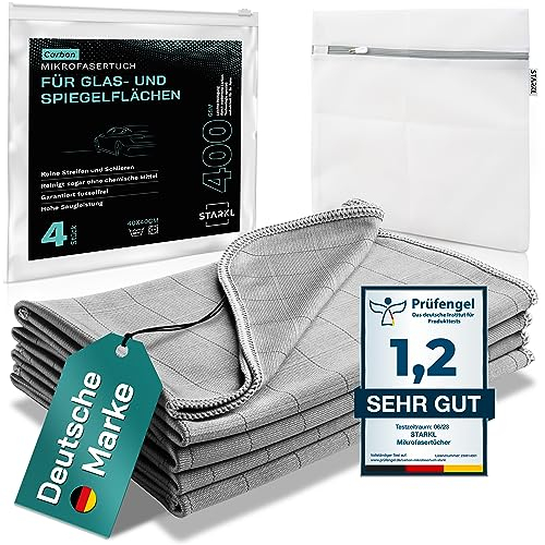STARKL® 4X MIKROFASERTÜCHER für Autoscheiben, Fenster, Spiegel, Displays- Scheibenreinigungstücher Auto - Fenstertuch streifenfrei in 40x40cm - Carbontuch - fusselfreie Microfasertücher in