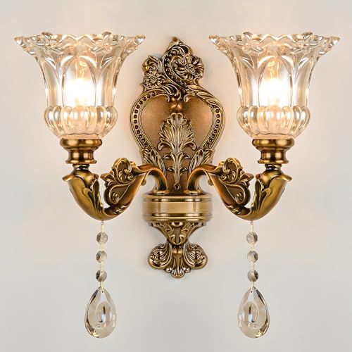 WayLuoung Vintage Floral Wandleuchte, 2 Kopf Kristallglasschirm Retro-Goldene Bronzefarbe Dekoration, Metall-Wandlampe für Nachttisch, Wohnzimmer, Restaurant, Treppen (E14 Sockel Ohne Glühbirne)