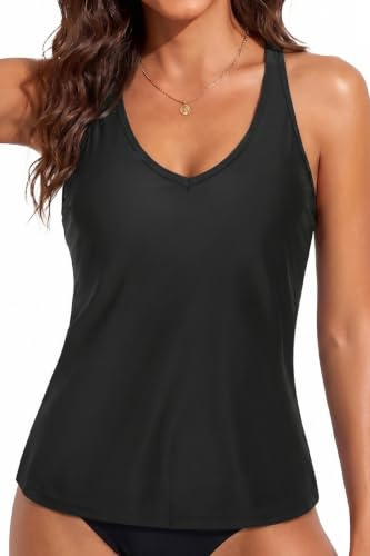 Yonique Tankini-Top für Damen, sportliches Schwimm-Top, bescheidener Tankini-Badeanzug, ohne Unterteil, Schwarz, XL